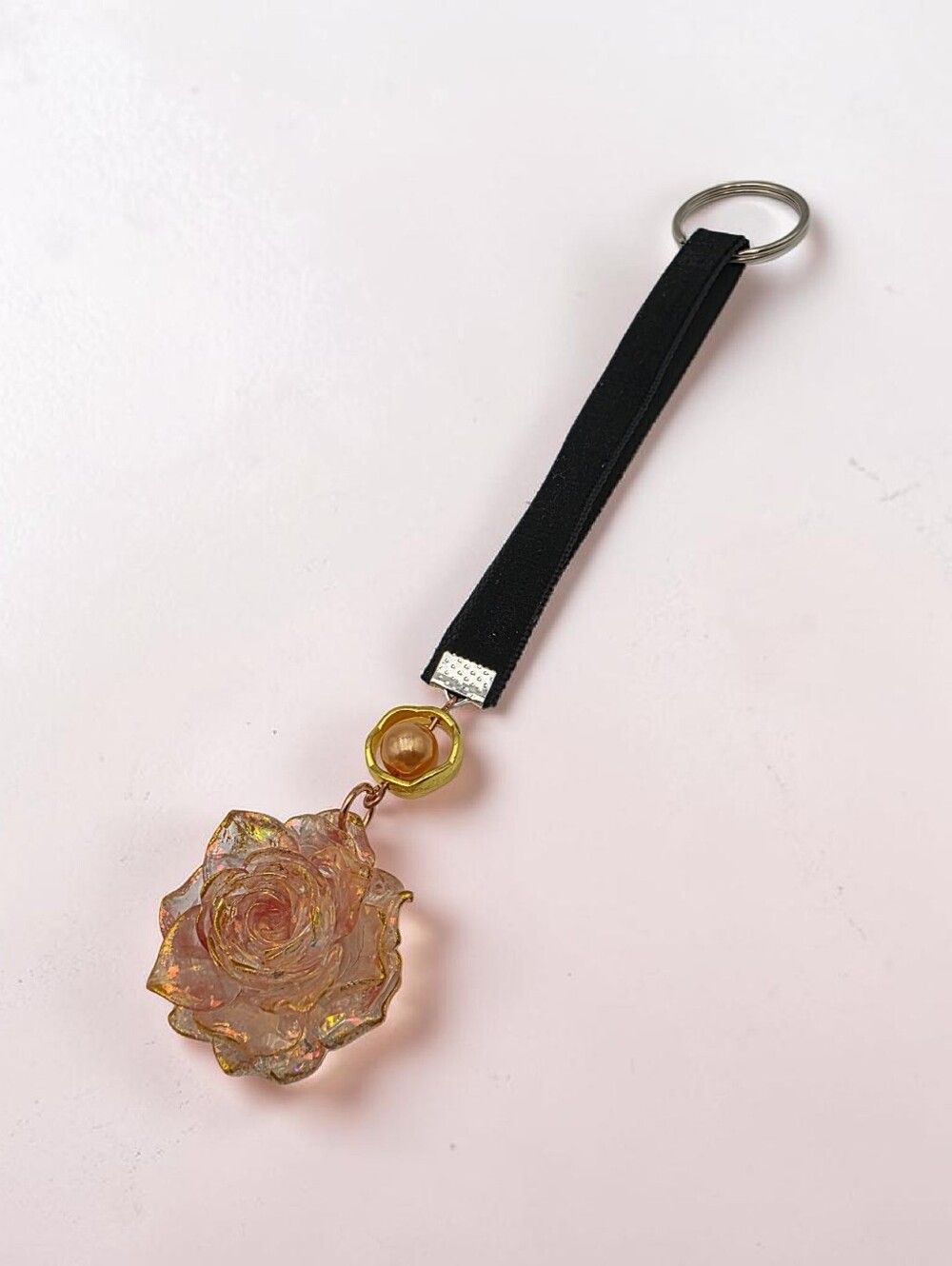 Black Strap Keychain with Champagne Iridescent Rose Charm Handmade Bag Accessory